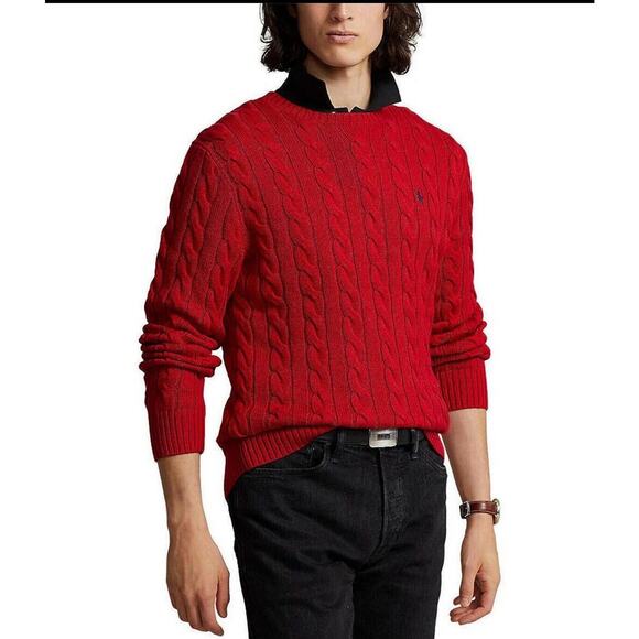 NWT Polo Ralph Lauren Red 100% Cotton Cable Knit Crewneck Sweater XL